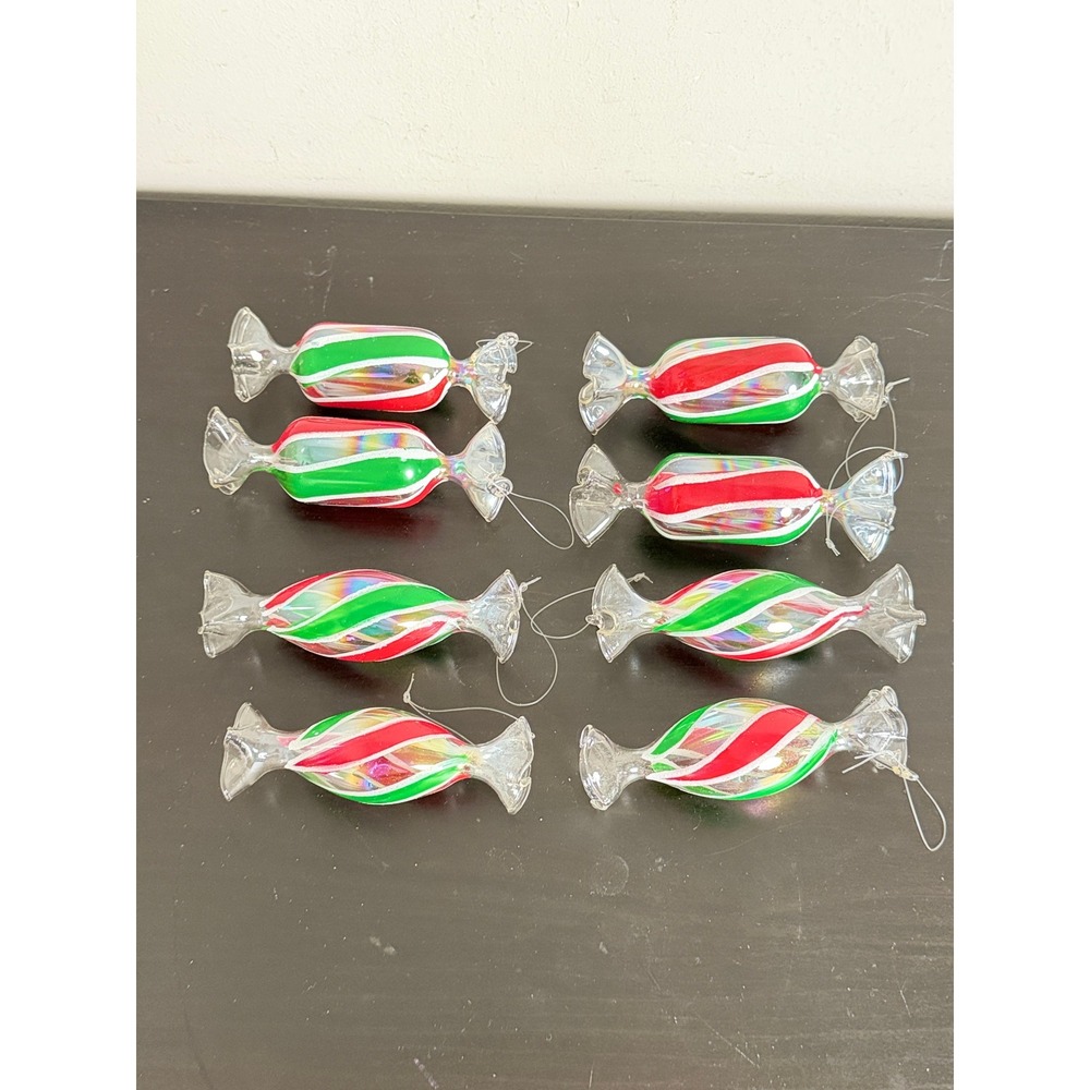 Vintage Style Hand Blown Glass Candy Christmas Ornaments Red Green Set of 8